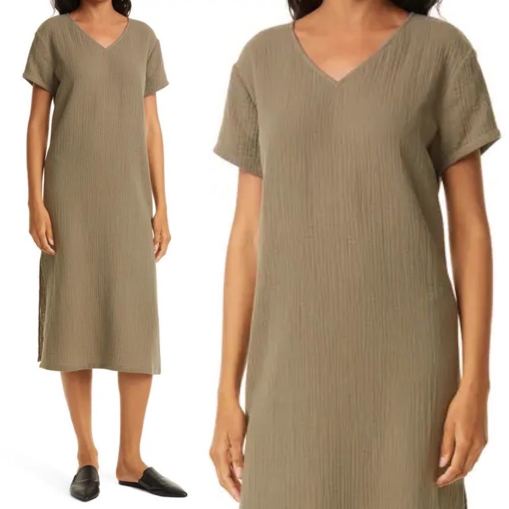 Jenni Kayne Cotton V-Neck Midi Shift Dress in Sage